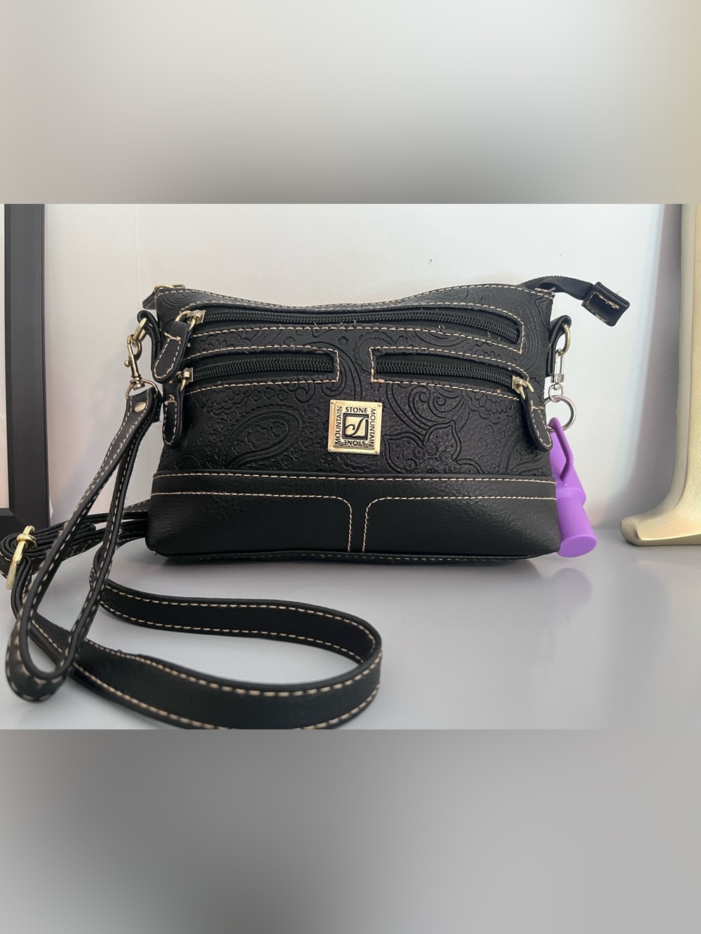 Stone Mountain Black Embossed Paisley Crossbody Bag